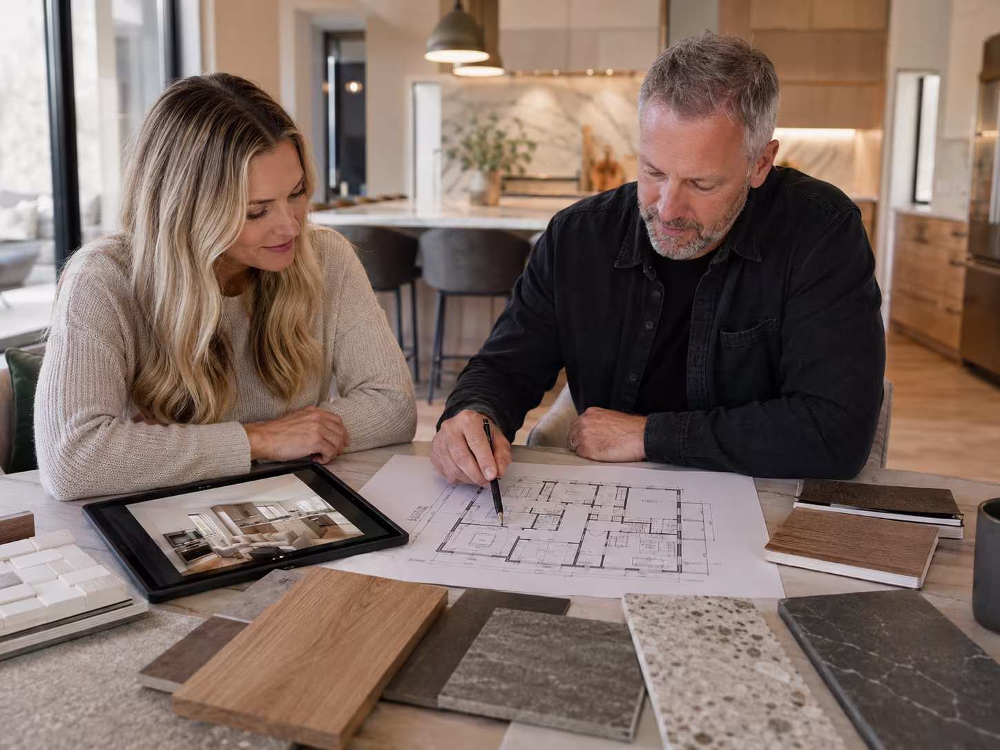 Homeowners reviewing a custom renovation floor plan and material samples